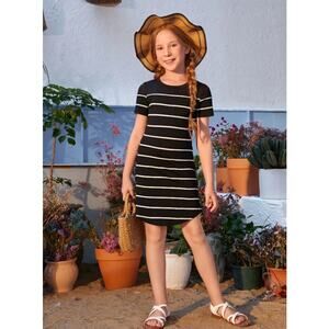 Shein Casual Black White Striped Dress Preteen Girls Curved Bottom Hem 11-12Y